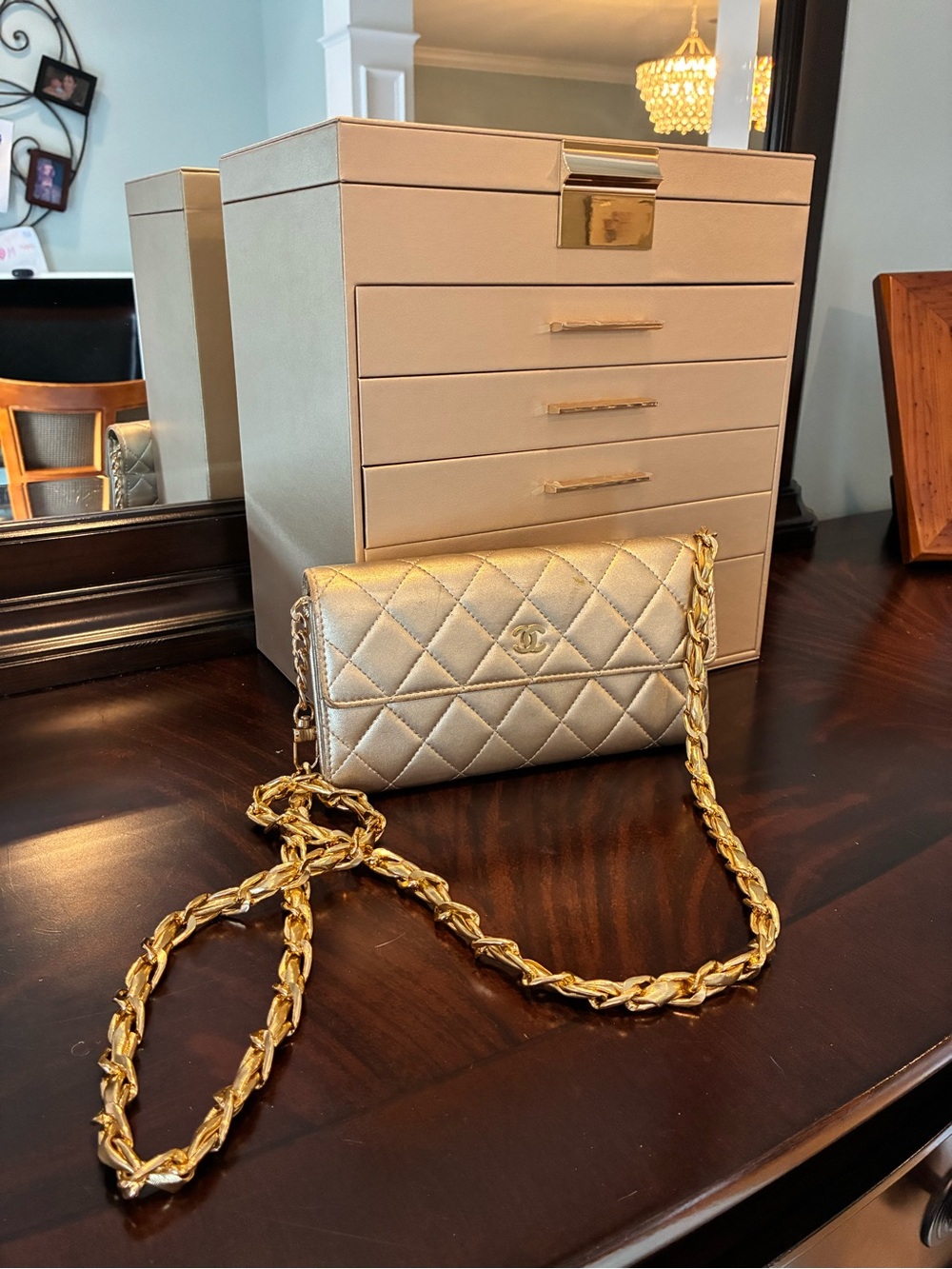 Chanel Quilted Metallic Gold Flap Wallet w free chain to convert to crossbody